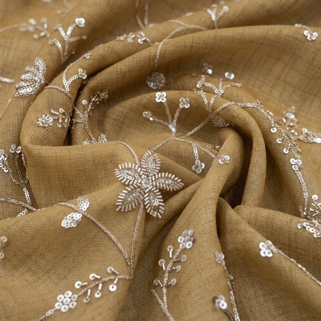 Swirled Embroidery Yellow Gold Embroidery Tissue Fabric