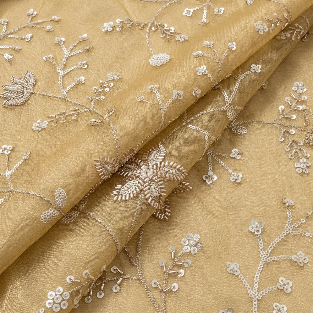 Folded Embroidery Yellow Gold Embroidery Tissue Fabric