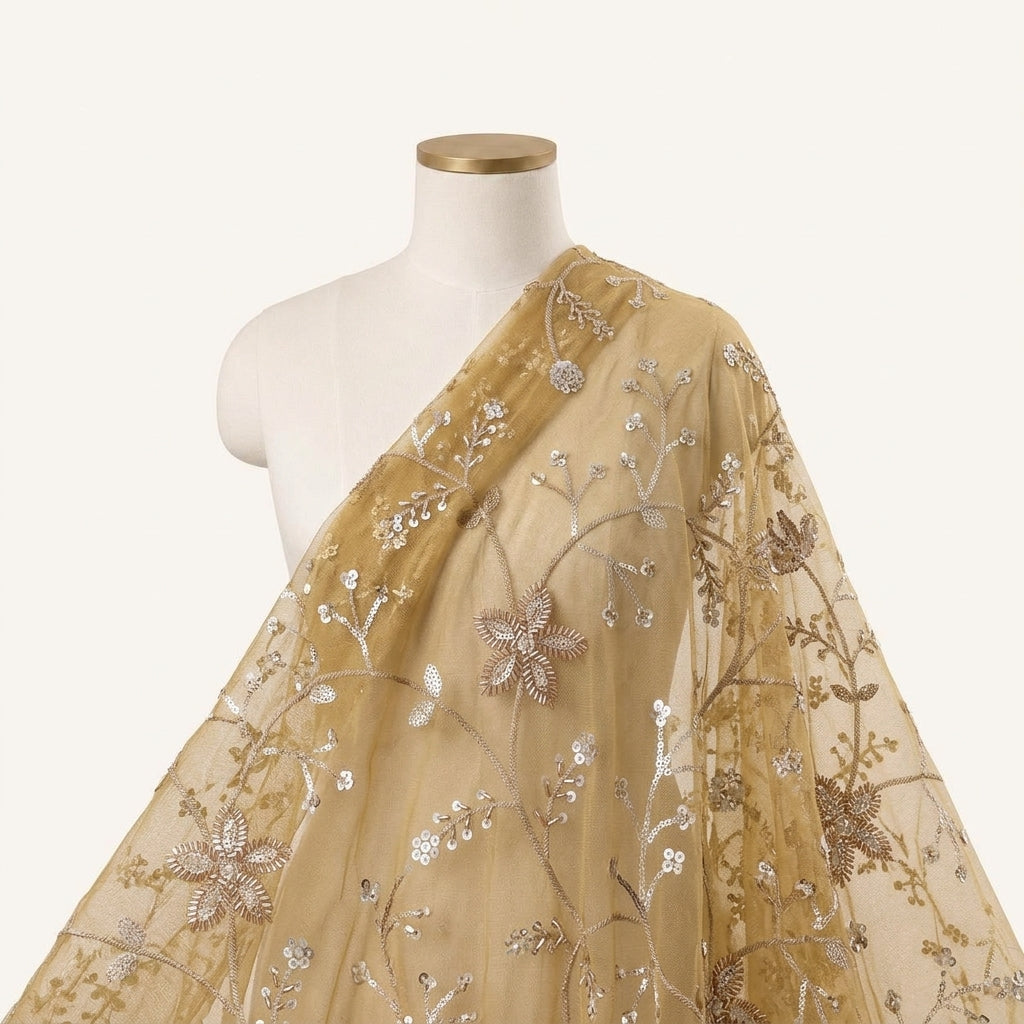 Embroidery Yellow Gold Embroidery Tissue Fabric Draped as a saree