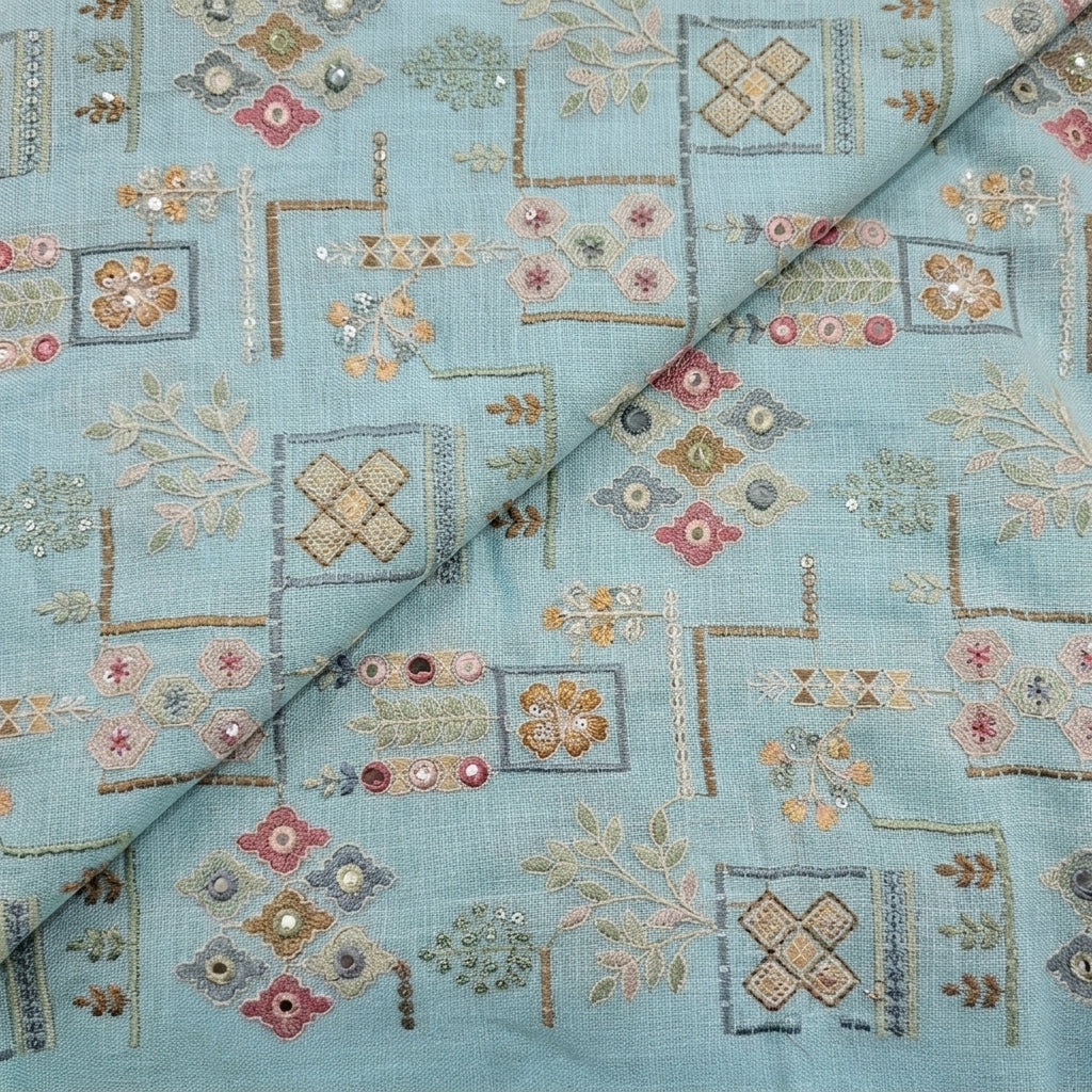 Folded Embroidery Blue Embroidery Linen Fabric