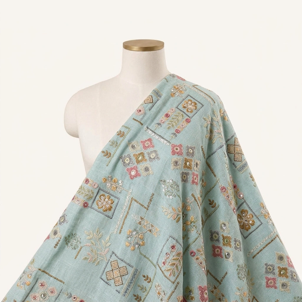 Embroidery Blue Embroidery Linen Fabric Draped as a saree