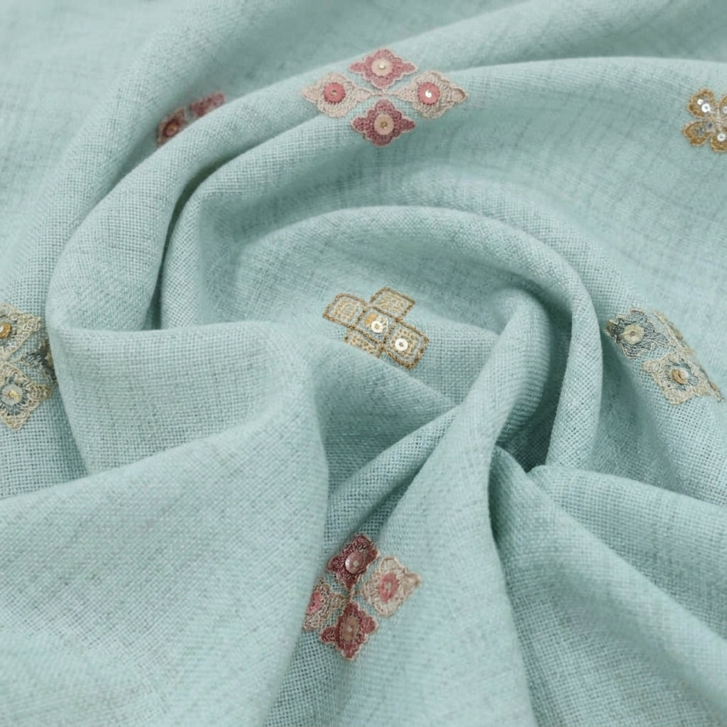 Swirled Embroidery Blue Embroidery Linen Fabric