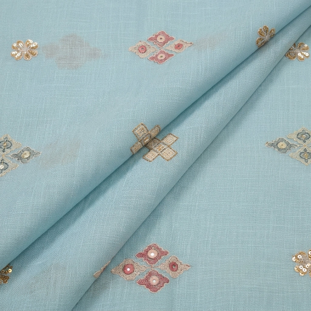 Folded Embroidery Blue Embroidery Linen Fabric