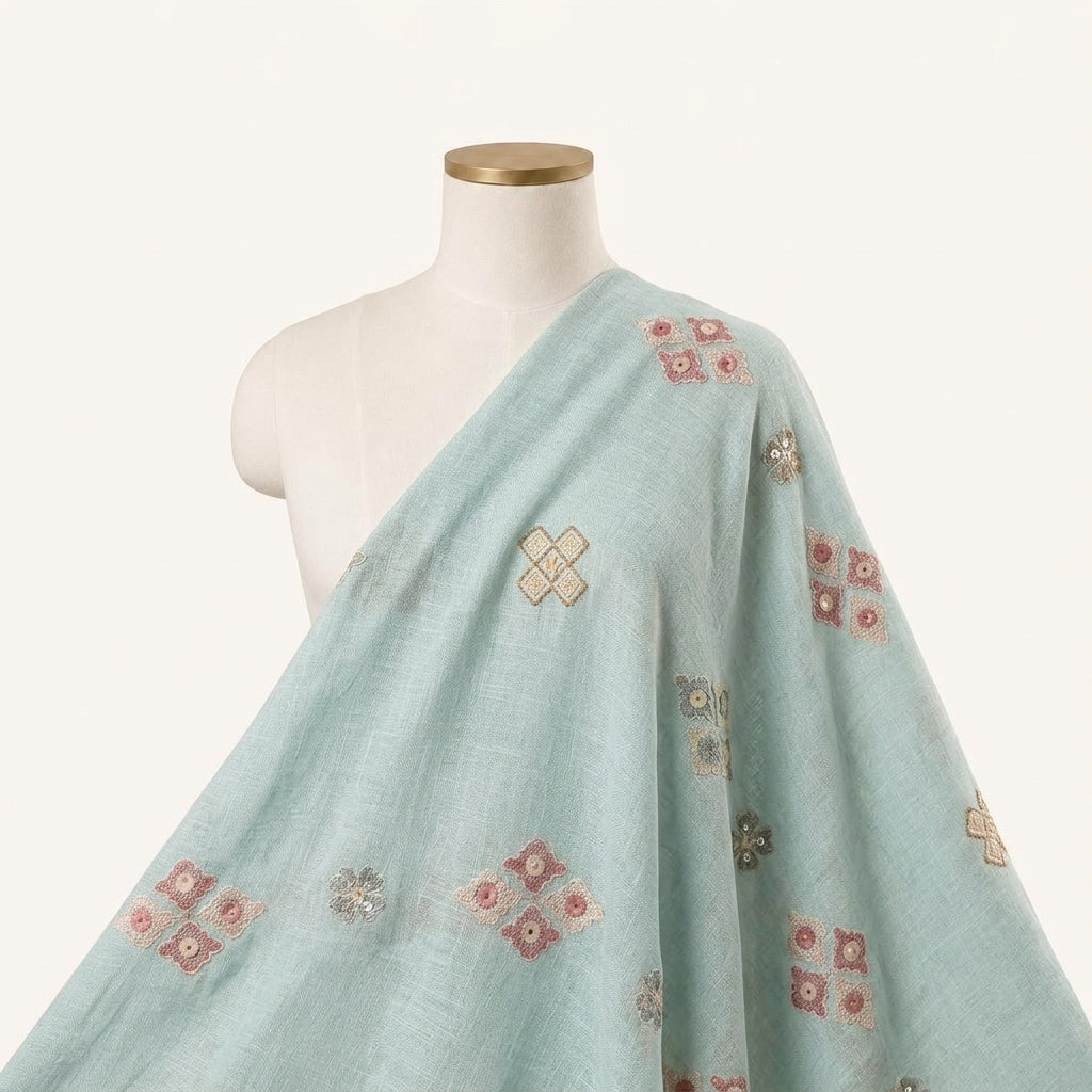 Embroidery Blue Embroidery Linen Fabric Draped as a saree