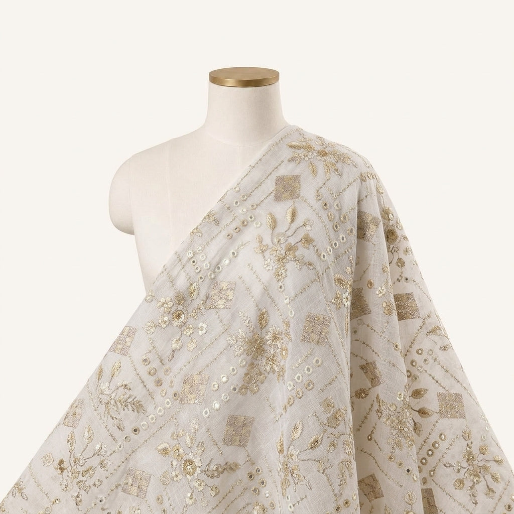 Embroidery Brown Embroidery Linen Fabric Draped as a saree