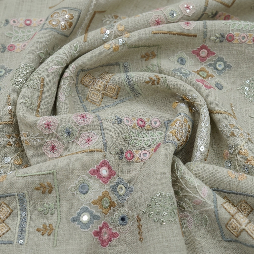 Swirled Embroidery Brown Embroidery Linen Fabric