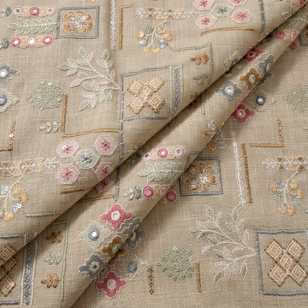 Folded Embroidery Brown Embroidery Linen Fabric