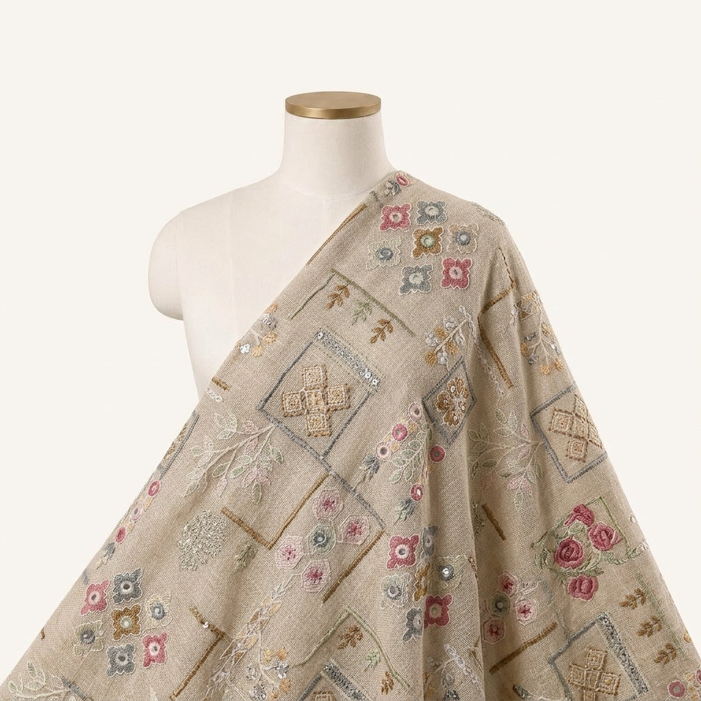 Embroidery Brown Embroidery Linen Fabric Draped as a saree
