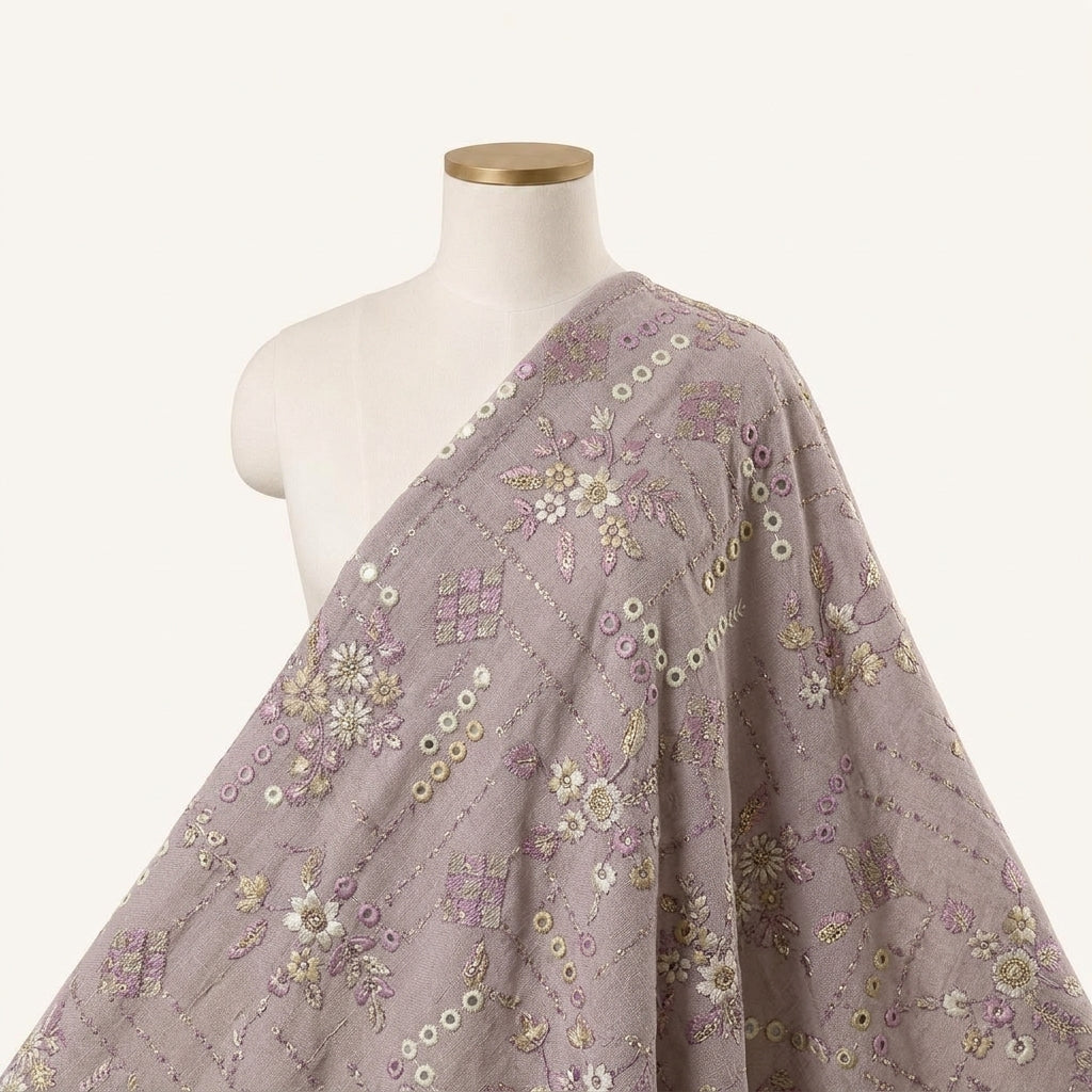 Embroidery Muave Embroidery Linen Fabric Draped as a saree