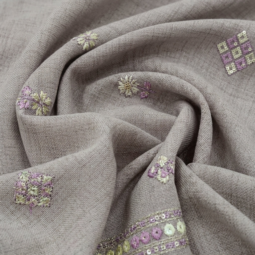 Swirled Embroidery Muave Embroidery Linen Fabric