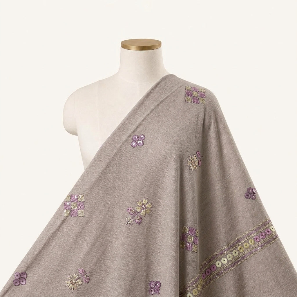 Embroidery Muave Embroidery Linen Fabric Draped as a saree
