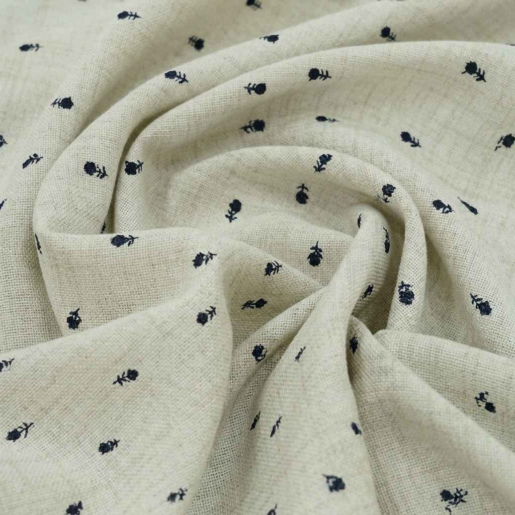 Beige Floral Embroidery Linen Fabric - EC16629