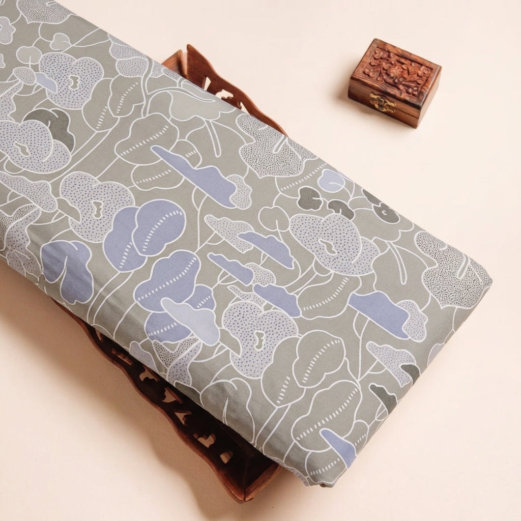 Abstract GREY FLORAL MUL COTTON Fabric on a wooden tray