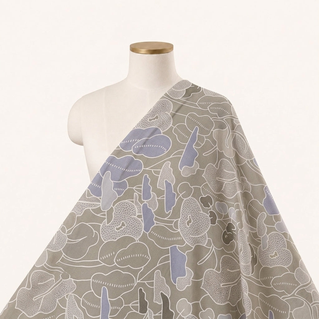 abstract GREY FLORAL MUL COTTON Fabric Draped as a saree