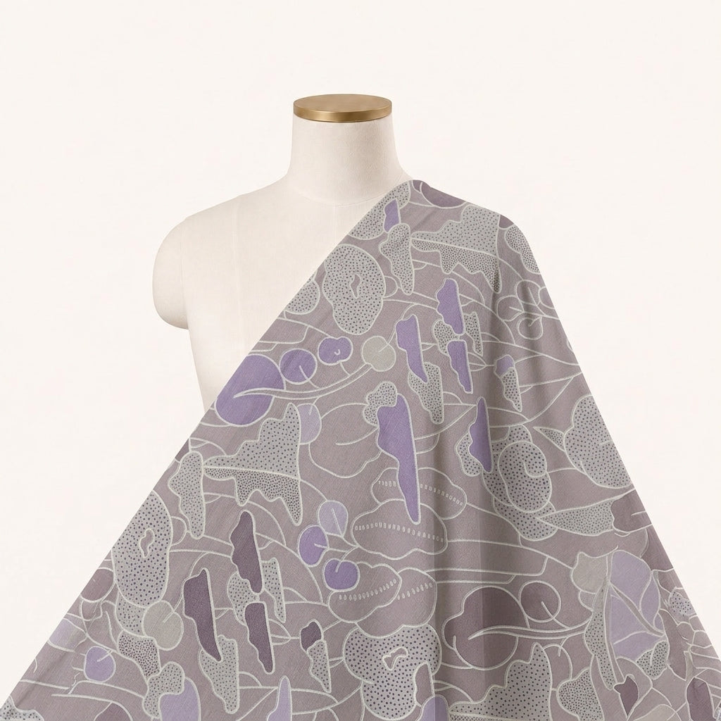 ABSTRACT VIOLET ABSTRACT MUL COTTON Fabric Draped as a saree