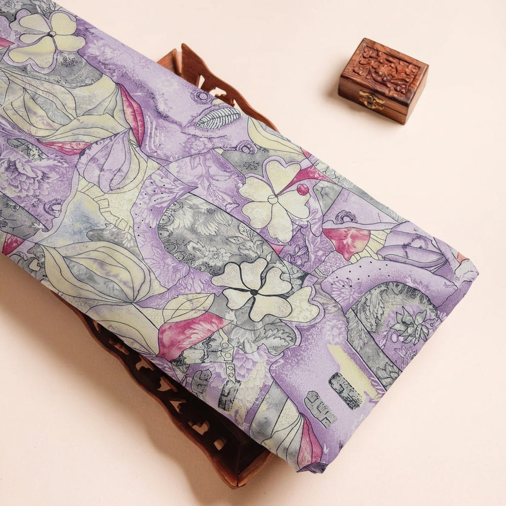 FLORAL VIOLET FLORAL MUL COTTON Fabric on a wooden tray