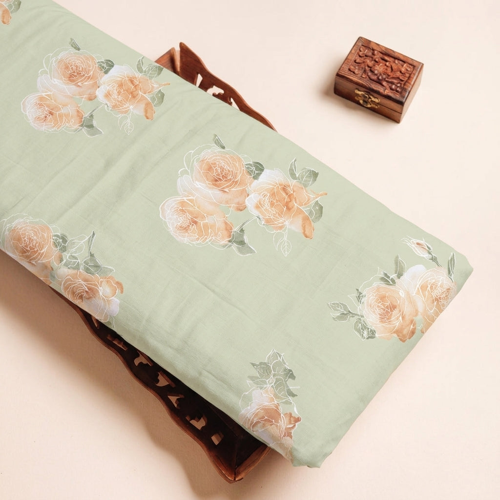FLORAL GREY FLORAL MUL COTTON Fabric on a wooden tray