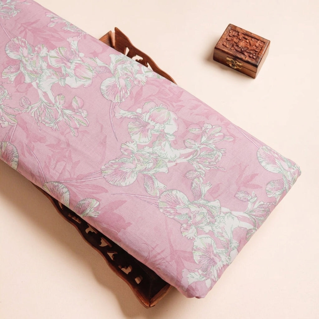 FLORAL PINK FLORAL MUL COTTON Fabric on a wooden tray