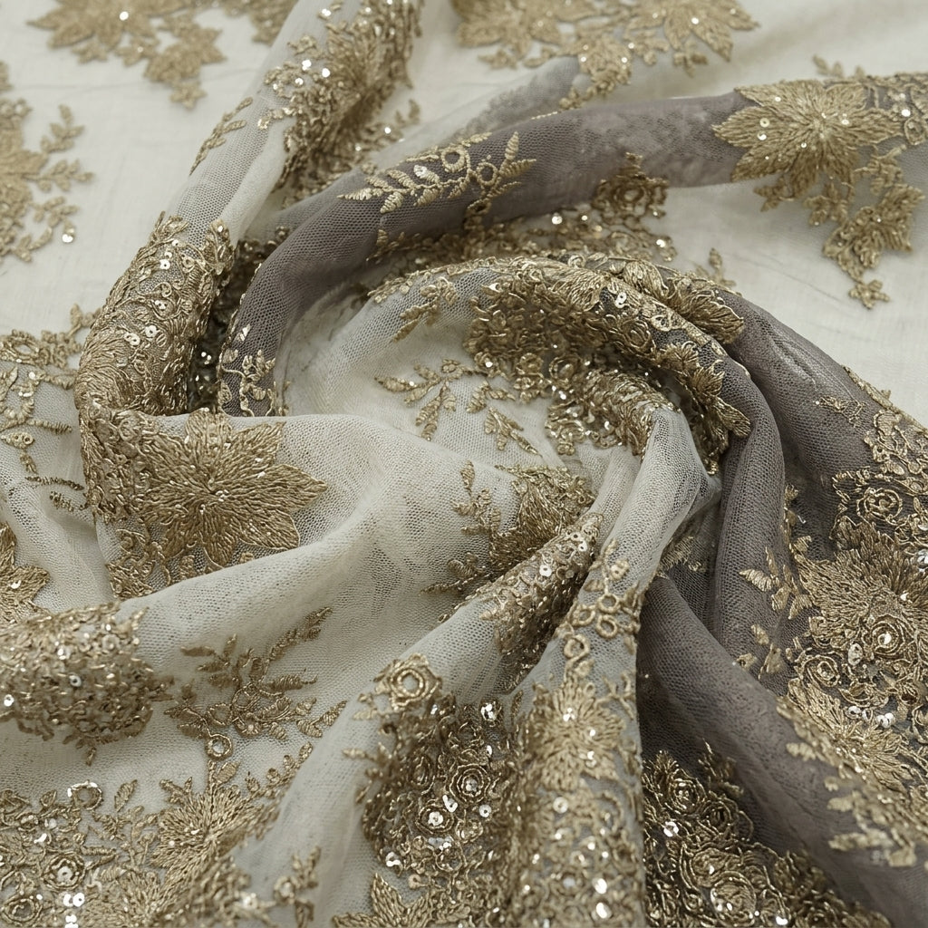 Swirled Embroidery Brown Embroidery Net Fabric