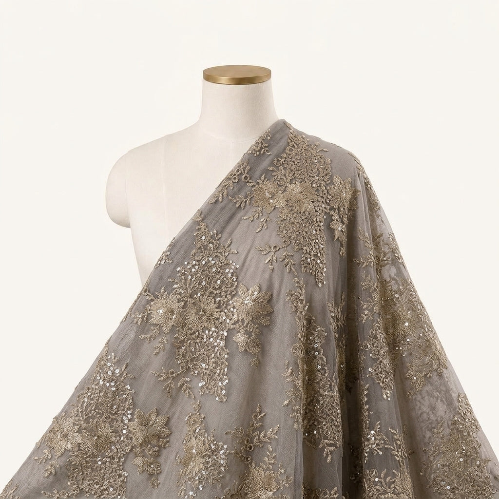 Embroidery Brown Embroidery Net Fabric Draped as a saree