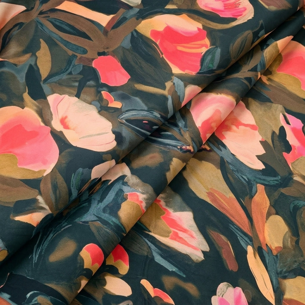 Black Floral Satin Fabric - EC16727