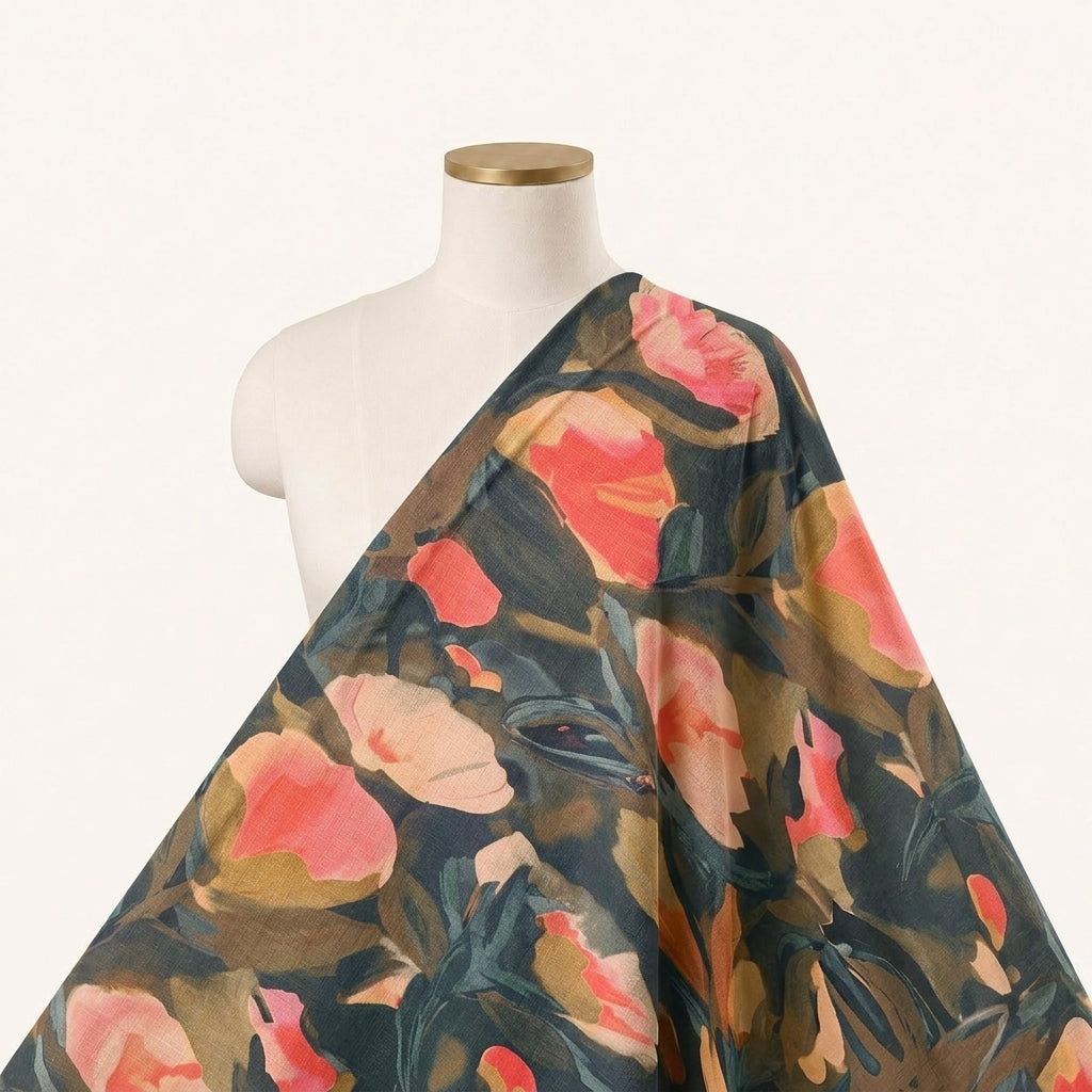 Black Floral Satin Fabric - EC16727