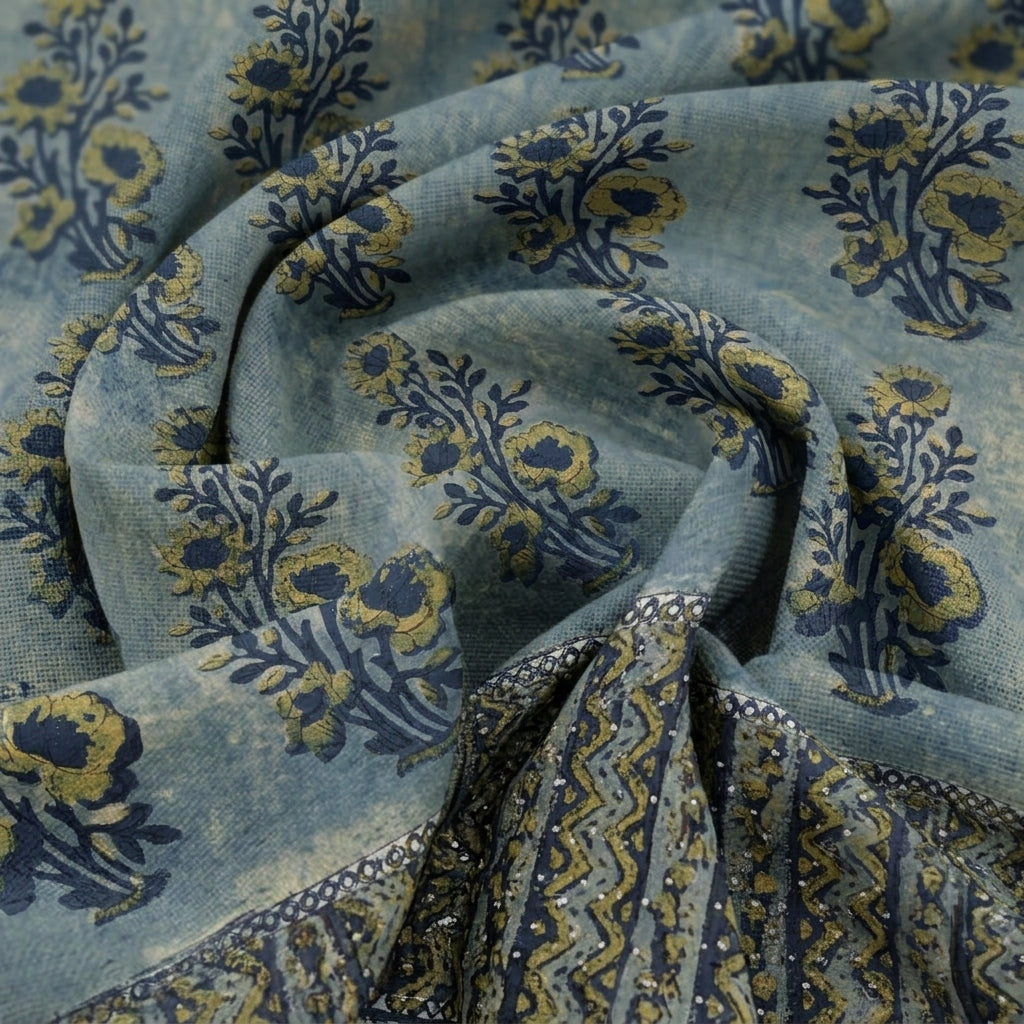 Swirled Floral Hakoba Blue Floral Hakoba Cotton Fabric