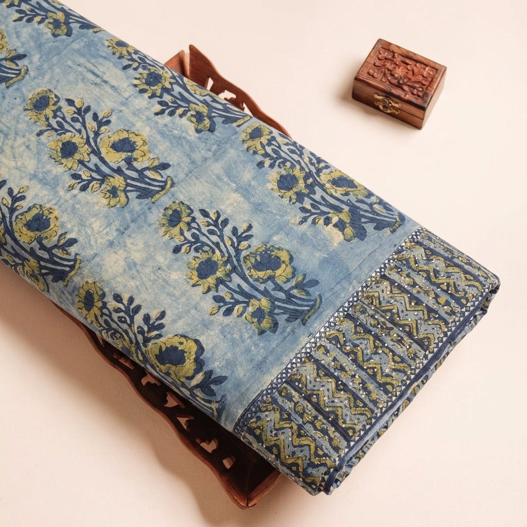 Floral Hakoba Blue Floral Hakoba Cotton Fabric on a wooden tray