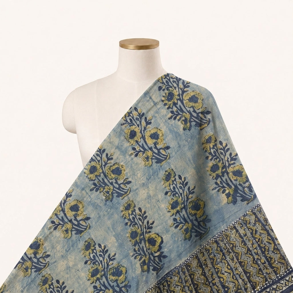 Floral Hakoba Blue Floral Hakoba Cotton Fabric Draped as a saree
