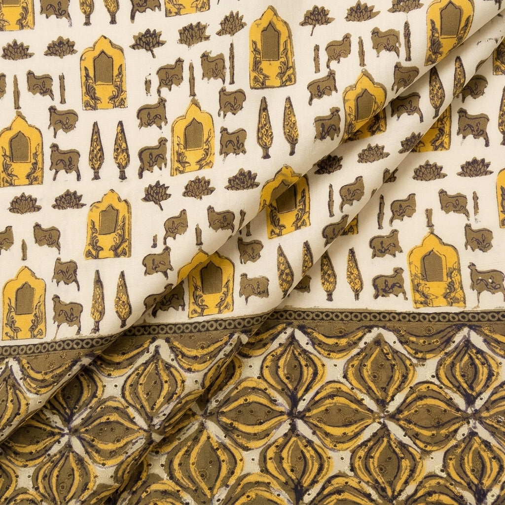 Mustard Yellow Block Print Cotton Fabric - EC16734