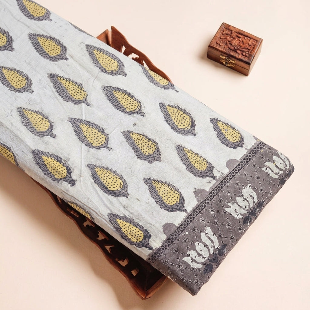 Floral Cream Floral Cotton Fabric on a wooden tray