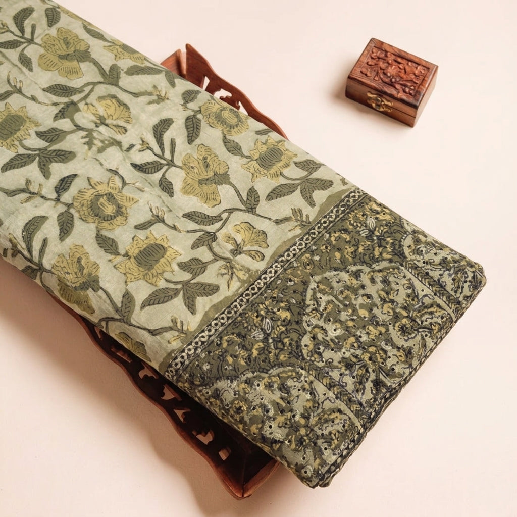 Floral Mustard Yellow Floral Cotton Fabric on a wooden tray