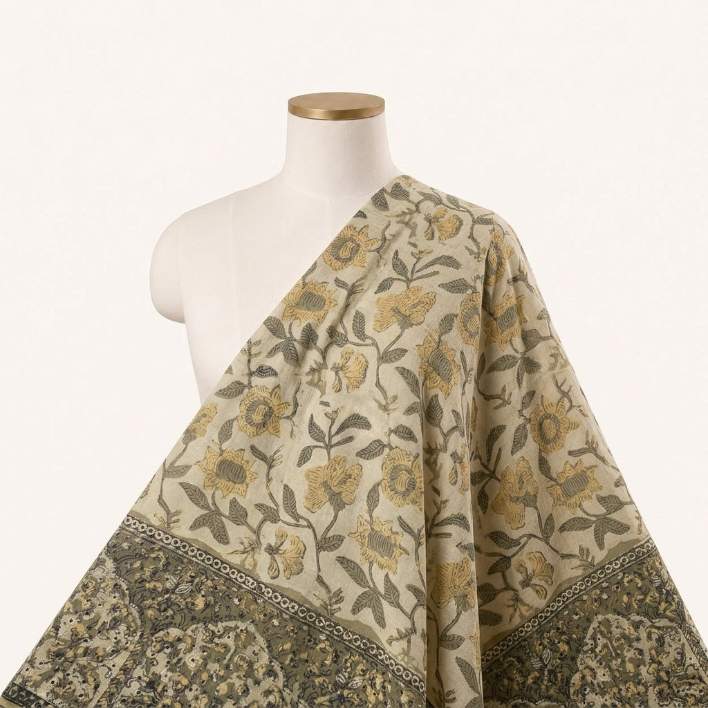 Floral Mustard Yellow Floral Cotton Fabric Draped as a saree