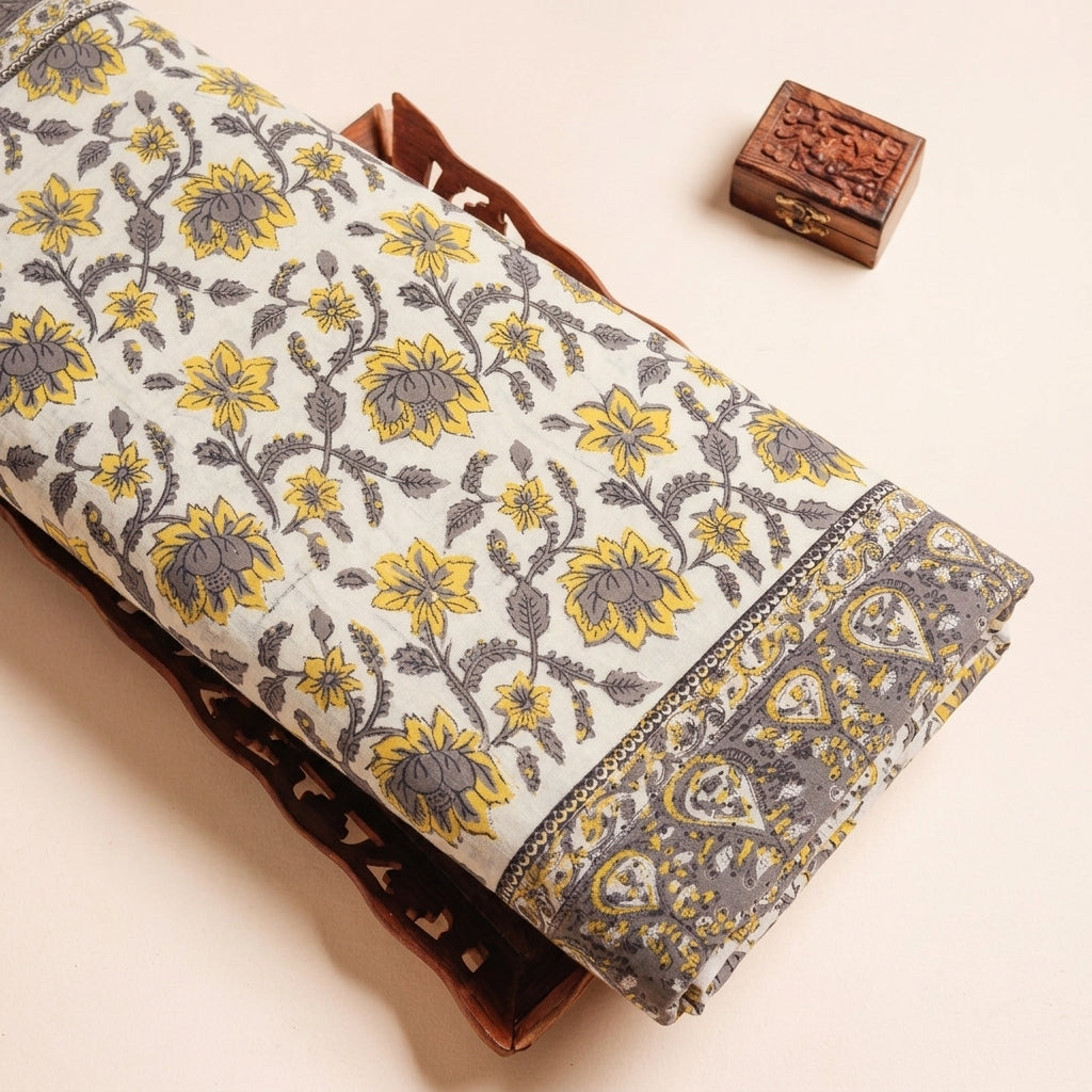 Floral Brown Floral Cotton Fabric on a wooden tray