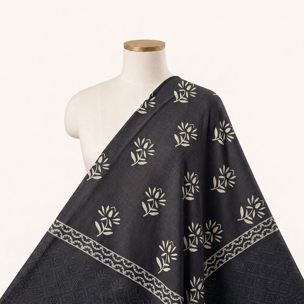 Cutwork Black Cutwork Cotton Fabric Draped as a saree