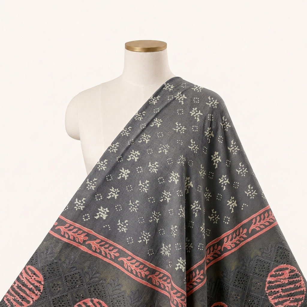 Cutwork Black Cutwork Cotton Fabric Draped as a saree