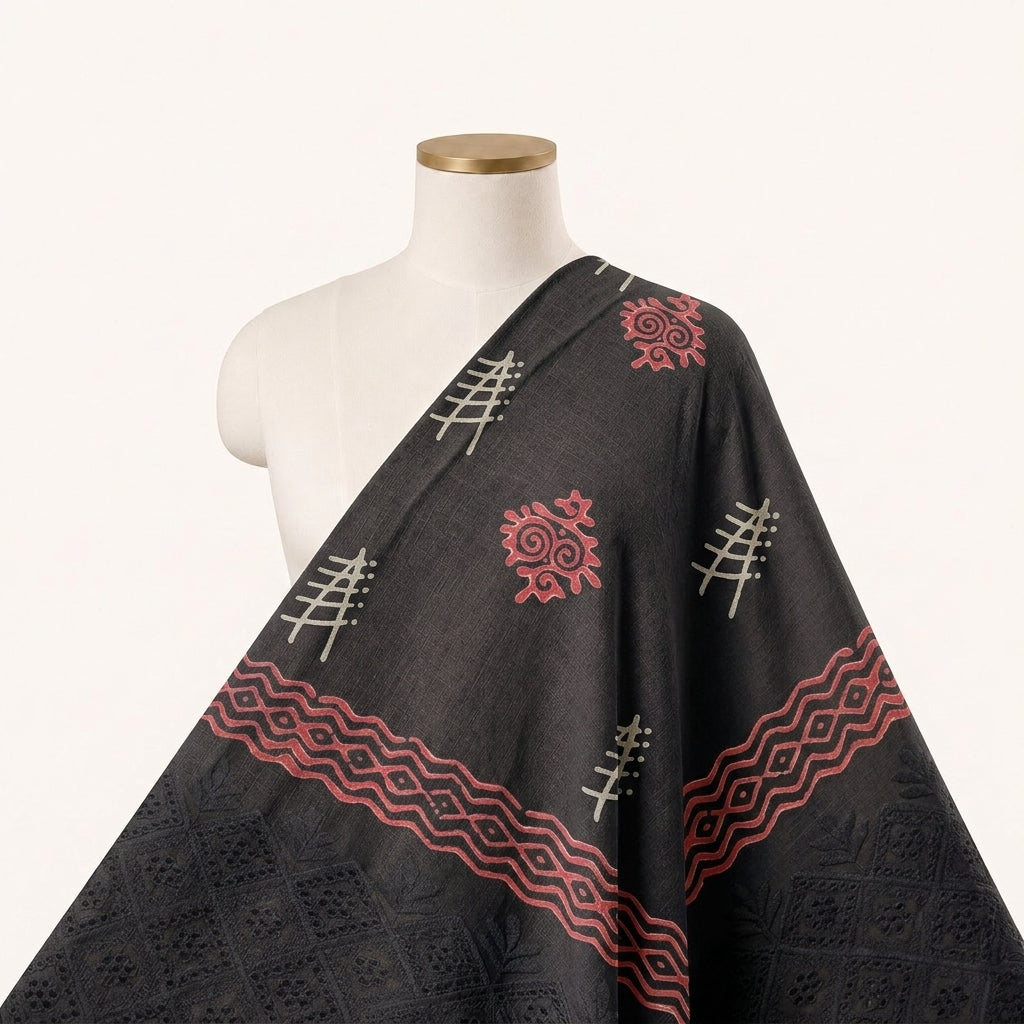 Cutwork Black Cutwork Cotton Fabric Draped as a saree