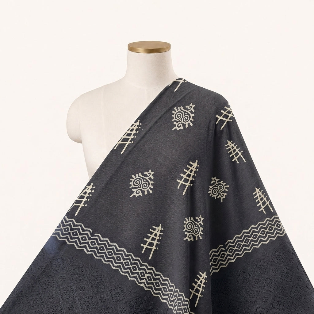 Cutwork Black Cutwork Cotton Fabric Draped as a saree