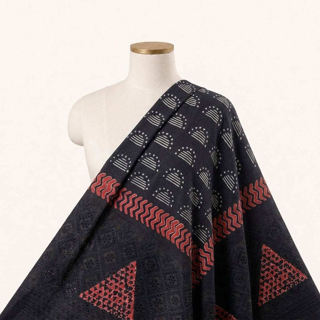 Cutwork Black Cutwork Cotton Fabric Draped as a saree