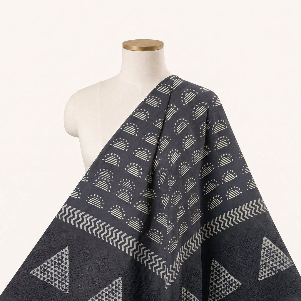 Cutwork Black Cutwork Cotton Fabric Draped as a saree