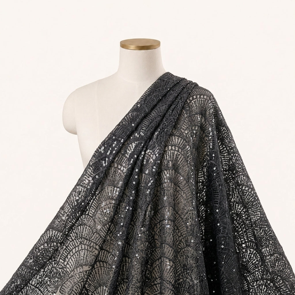 Abstract Black Abstract Net Fabric Draped as a saree