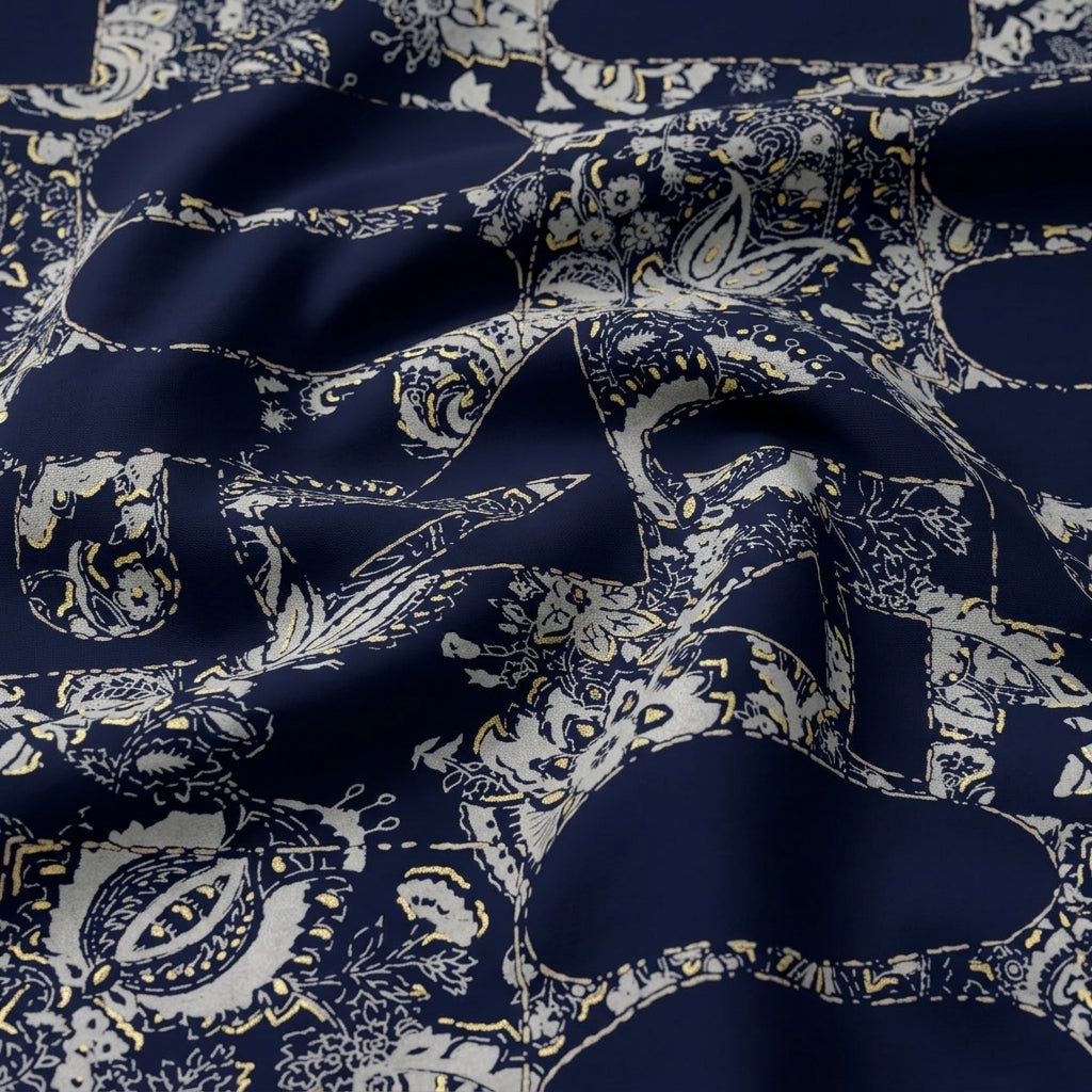Navy Blue Abstract Rayon Fabric - EC16779