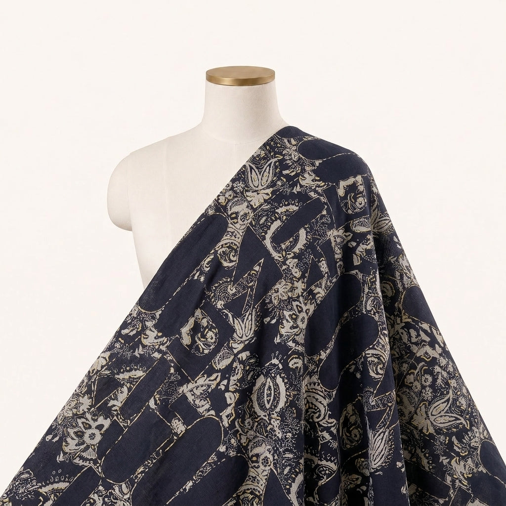 Navy Blue Abstract Rayon Fabric - EC16779