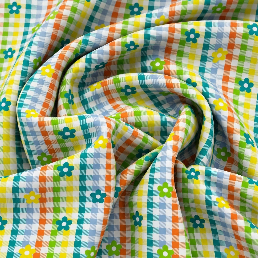 Swirled Checked Orange Checked Cotton Fabric