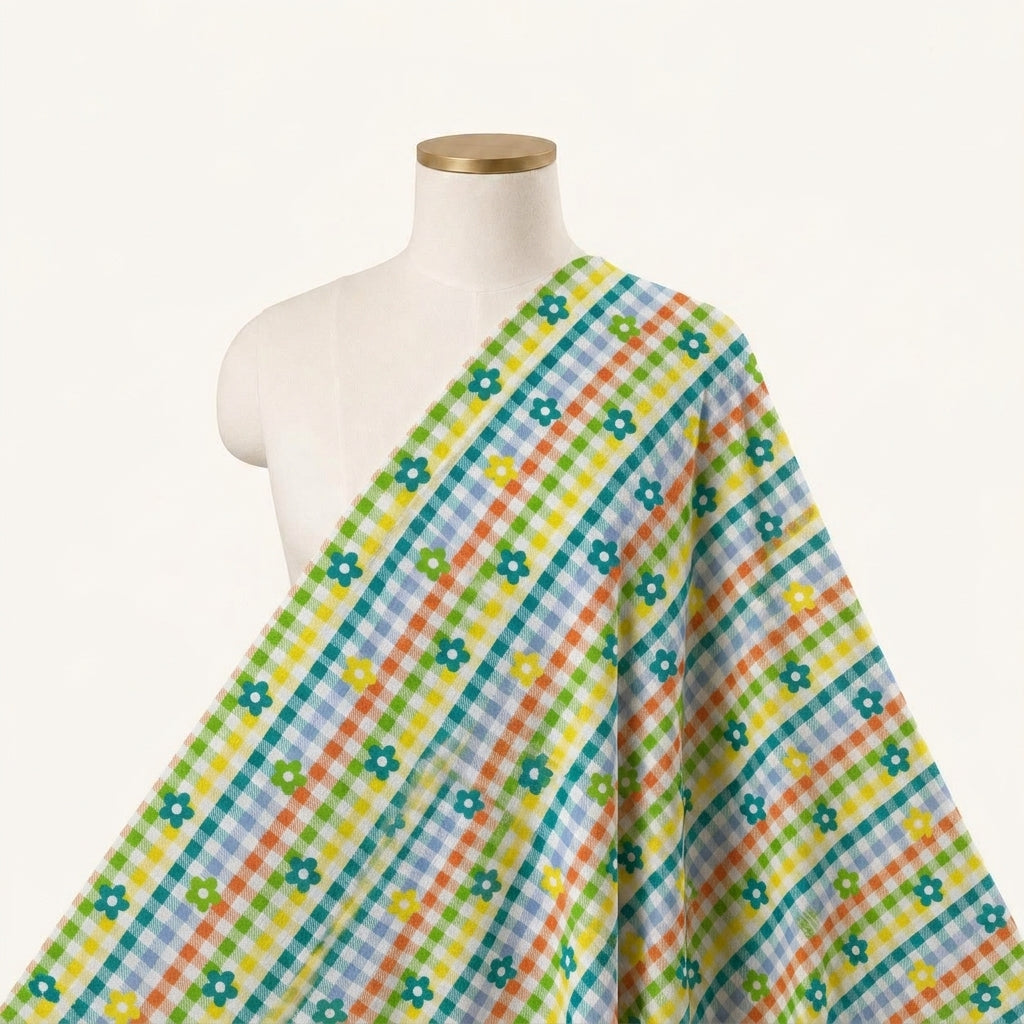 Checked Orange Checked Cotton Fabric Draped as a saree