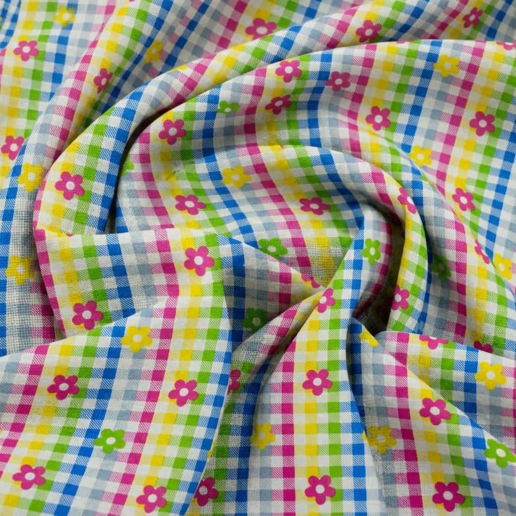 Swirled Checked Yellow Checked Cotton Fabric