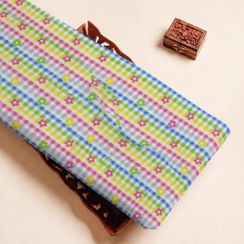 Folded Yellow Checked Cotton Fabric Highlighting Floral and Texture