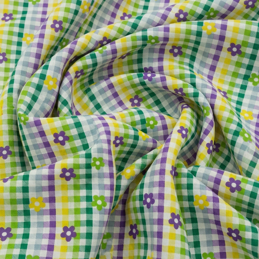 Swirled Checked Green Checked Cotton Fabric