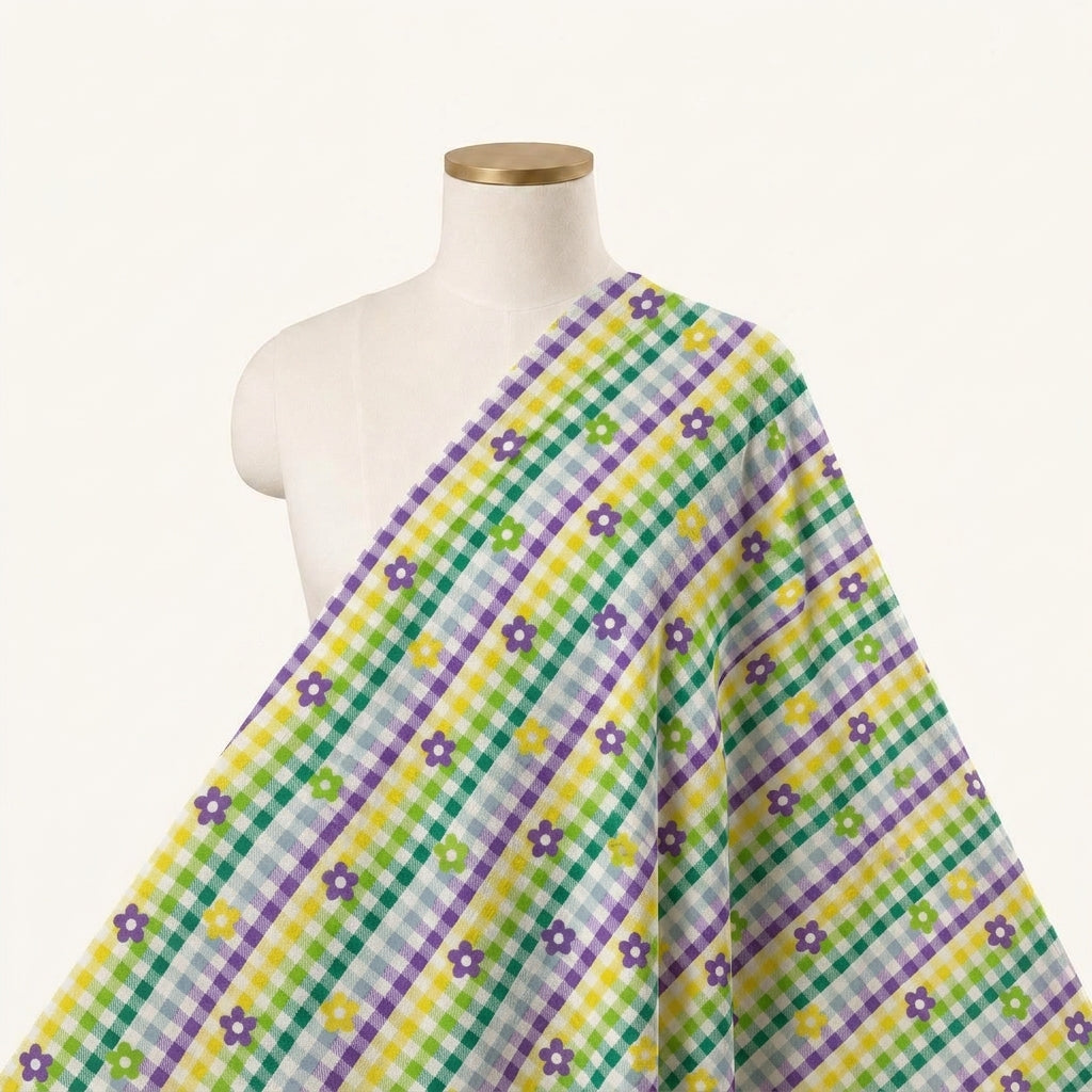 Checked Green Checked Cotton Fabric Draped as a saree