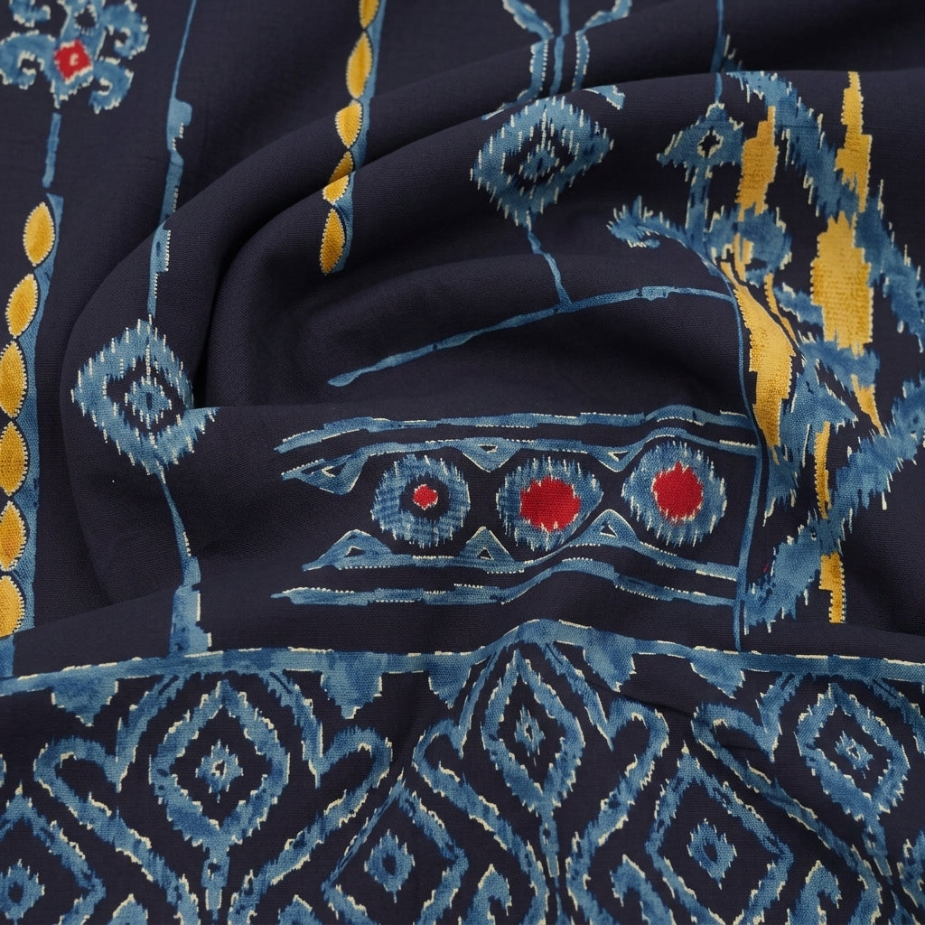 Swirled Abstract Blue Abstract Rayon Fabric